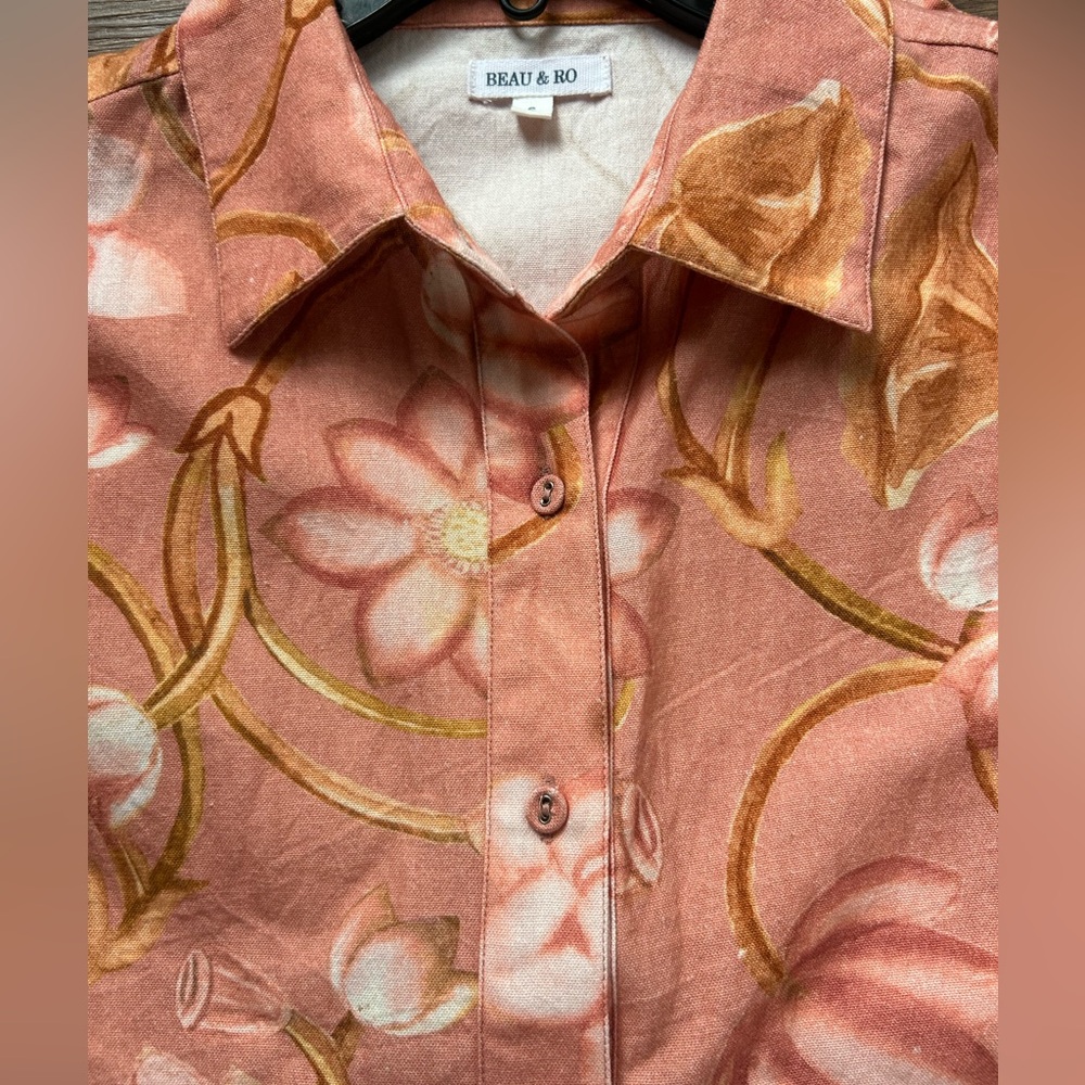 BEAU & RO Hand Printed Botanical Cabana Shirt Artisan Resort Indie Boho Beach S - Picture 8 of 11